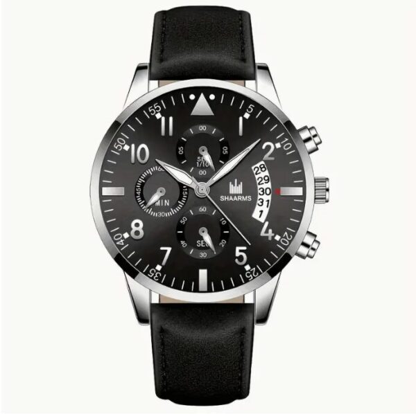 Mens Watch Ultra Thin Black & Silver Business Watch Leather Strap Quartz