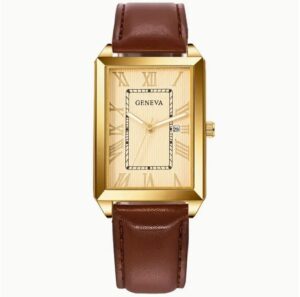 Rectangular Analogue Quartz Watch for Men with Brown Leather Strap