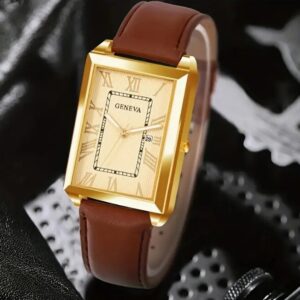 Rectangular Analogue Quartz Watch for Men with Brown Leather Strap