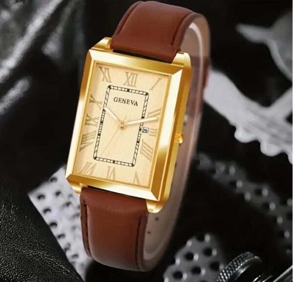 Rectangular Analogue Quartz Watch for Men with Brown Leather Strap